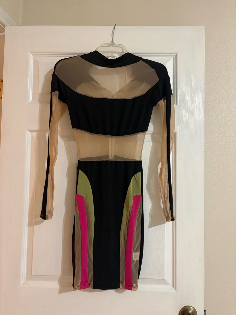 Black & Beige Mesh Bodycon Dress with Pink and Olive Panels